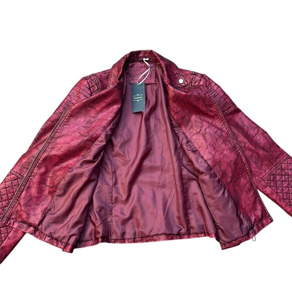 NEW Giolshon Retro Style Red Faux Leather Moto Jacket - Size Large - Picture 11 of 16